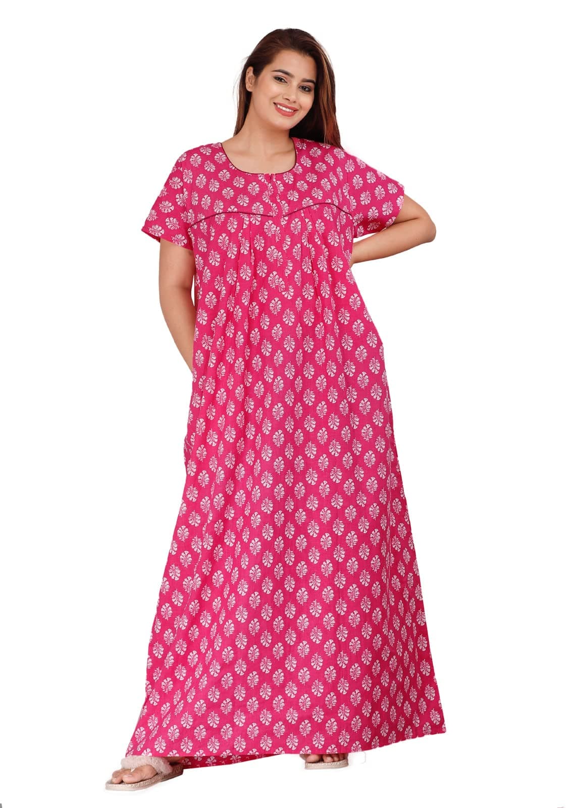 Urali® Women's Jaipuri Printed 100% Cotton Maxi Night Gown (Pink, Large) - T369