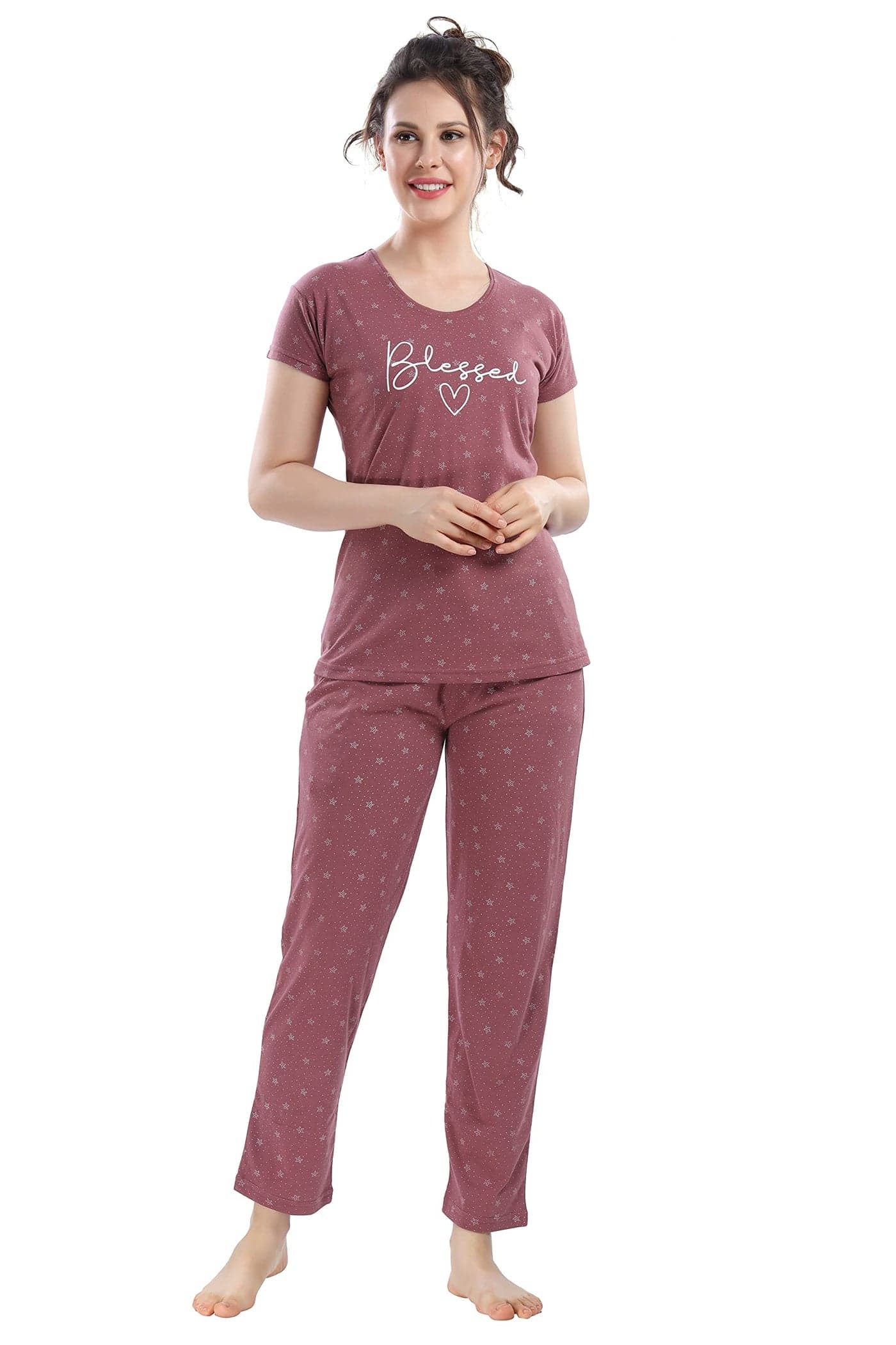 DZZO New Women's Cotton Printed Night Suit Pajama Set (Dz-Ns-2040_Red_S)