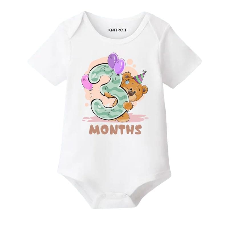 KNITROOT Monthly Birthday Teddy Special Newborn Baby White Color Half Sleeve Unisex Romper, Sleepsuit, Body Suit, Envelope Neck, 3 Months Print, 0-3 Months, Infant Cloth for Boys & Girls