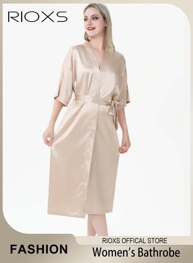 Women's Silky Satin Robe with Adjustable Tie and 3/4 Sleeves, Skin-friendly Lightweight Kimono Bathrobe with Knee Length, Stylish Comfortable Sleepwear, Perfect for Wedding Day, Pajamas Party, Daily Life Wear and Spa