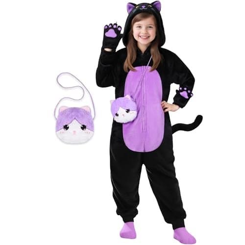 Joycover Black Cat Costume for Girls Kids Hooded Cat Onesie with Tail Paw Purse Bag Animal Noir Costume Girls Halloween Costumes for Kids Age 510 Gifts for Birthday Halloween Party Occasions L