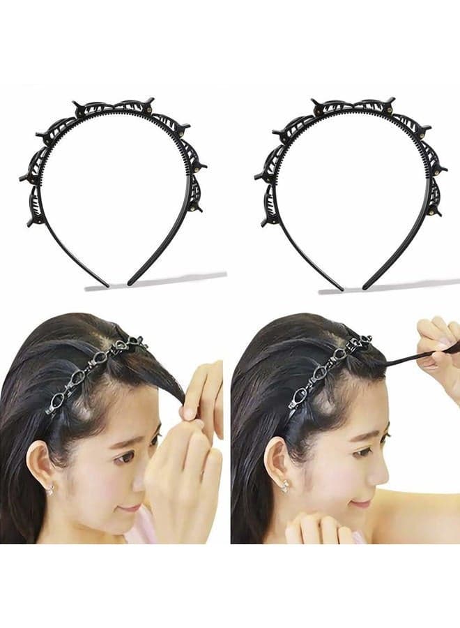 Headbands for Women Head bands for Girls Thin Plastic Headband with Clips Hair Bands Fashion Braided Headbands Double Layer Twist Plait Hair Tools Double Bangs Hairstyle Hairpin for Work out Black