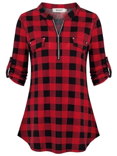 BEPEI Fall Clothes for Women,Plaid Shirts Christmas Trendy 3/4 Sleeve Tops 2025 Zip up V Neck Casual Work Dressy Blouses Petite Vintage Tunics Ladies Clothing Flannel Shirt, Black Red M