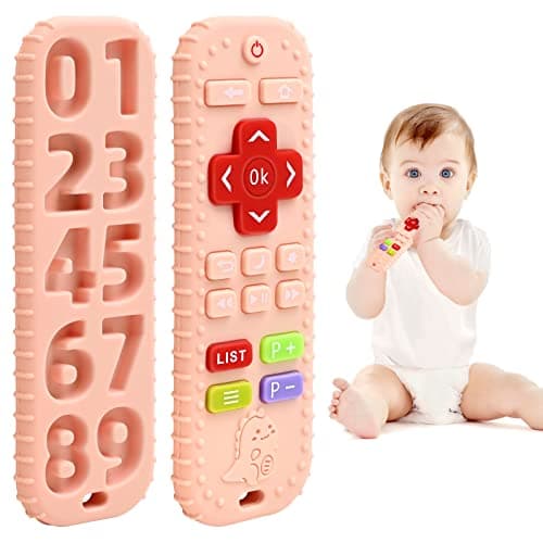 Teething Relief Teethers Toys for Babies 36 12 Months Gifts Food Grade Silicone Sensory Remote Control Baby Teether Bath Toys for 3 9 18 Months Newborn Infant Boy Girl Autism Pink