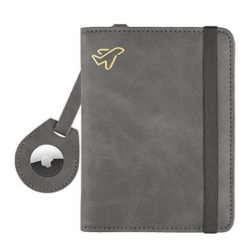 WALNEW AirTag Passport Holder, PU Leather Airtag Wallet RFID Blocking Passport Cover Travel Essentials Case for Women Men (Gray)