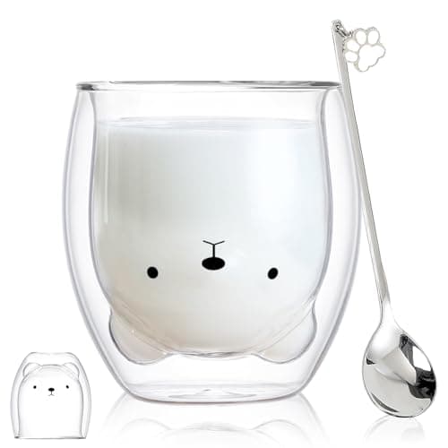 Binoster Bear Cute Mugs Kawaii Double Wall Glass Coffee Tea Mill Yogurt Cup Funny Novelty Gift for Women Her Friends Office Birthday Christmas