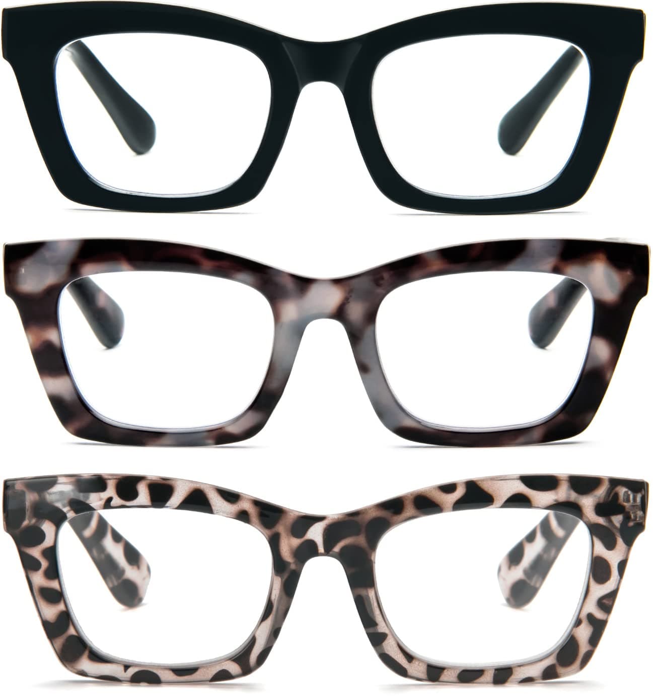 REAVEE 3 Pack Oprah Style Reading Glasses for Women Blue Light Blocking Cute Oversized Square Computer Readers with Spring Hinge 125