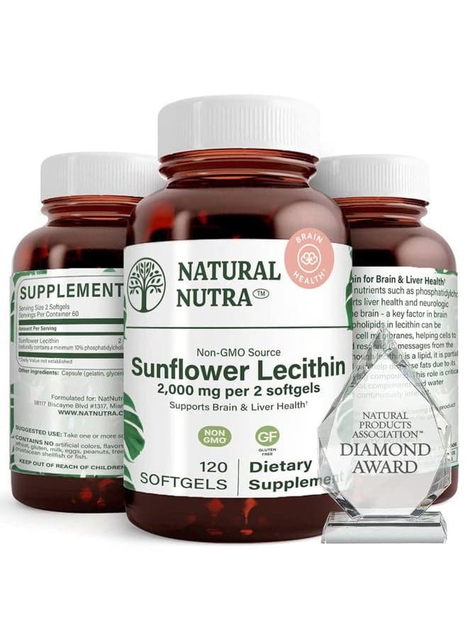 Sunflower Lecithin 2000 mg Supplement – Soy Free, Non-GMO, Gluten-Free 120 Softgels | Liver Function Support, Brain Health Booster, Helps to Improve Memory, Focus and Concentration