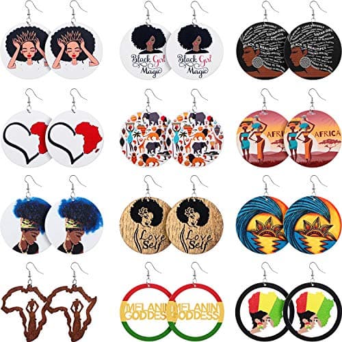 Hicarer 12 Pairs African Map Women Earrings Round Natural Wooden Painted Earrings Ethnic Style(African Themed Patterns)