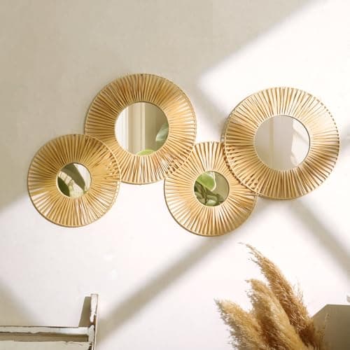 4 Pack Hanging Baskets Wall Art - Decorative Woven Lafite Basket Boho Wall Hanging, Rustic Round Mirrors Natural Coastal Home Decor Set for Bedroom Living Room Nursery