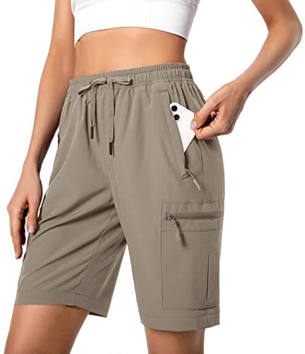 Hugut Womens Lightweight Hiking Cargo Shorts Quick Dry Athletic Shorts Camping Travel Golf Zipper Pockets Water Resistant Dark Khaki