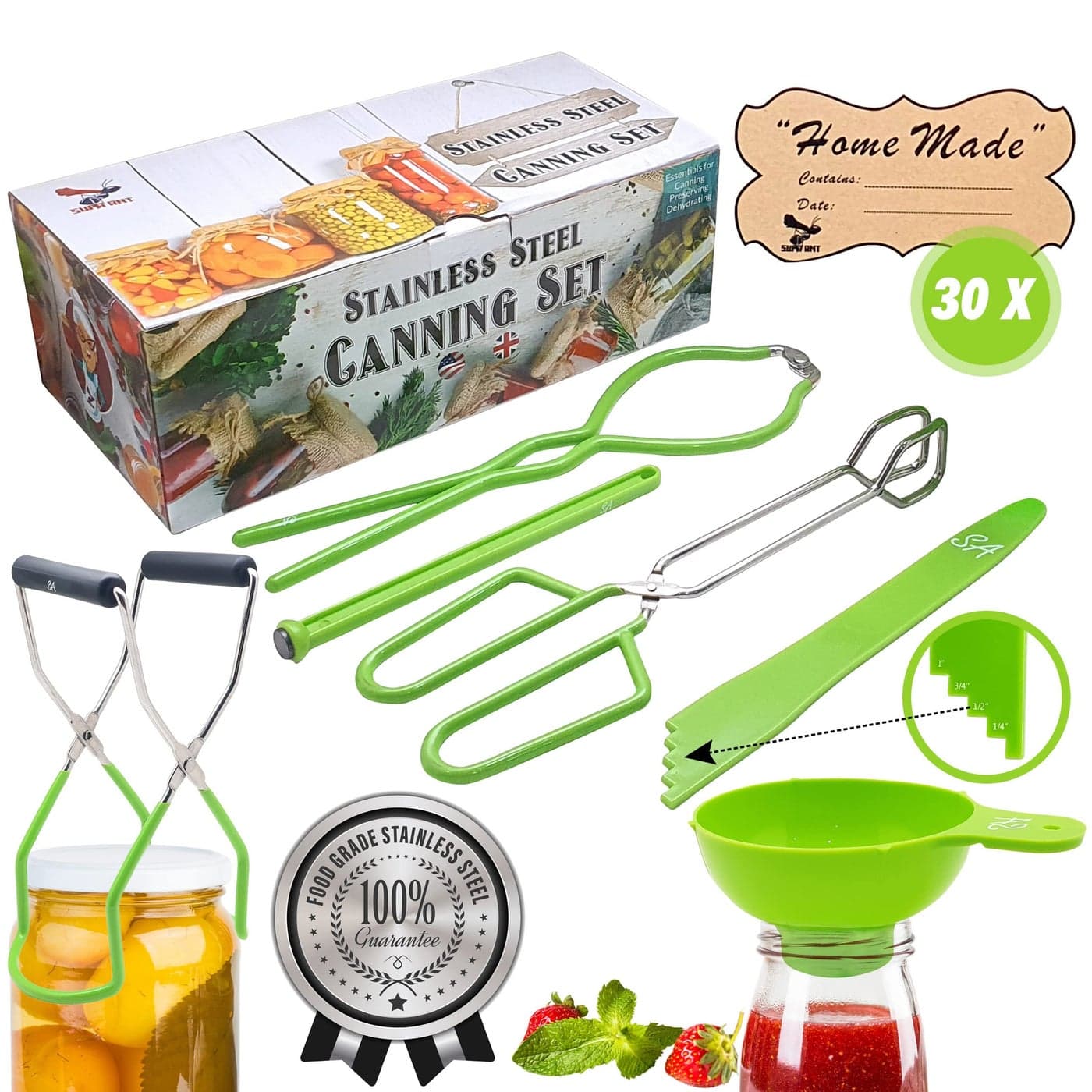 Supa Ant Canning Supplies USA Assembled Certified Food Grade Stainless Steel Starter Set Canning Kit for Beginners Wide Kitchen Funnel Jar Lifter and Wrench Bubble PopperMeasurer Lid Lifter