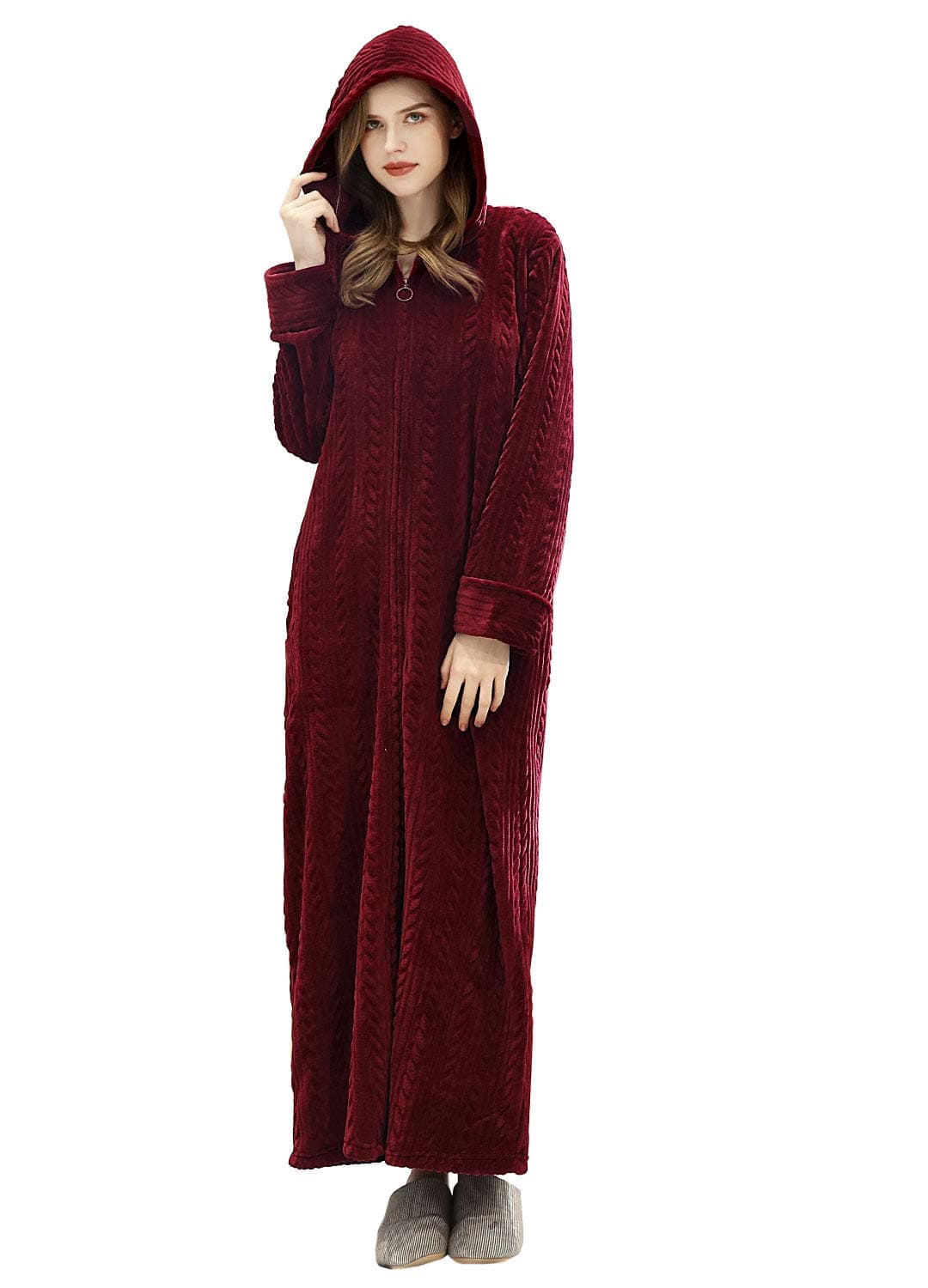 Hellomamma Long Hooded Zipper Bathrobe for Womens Flannel Fleece Robes Winter Warm Housecoat Nightgown Sleepwear Pajamas Wine Red LXL