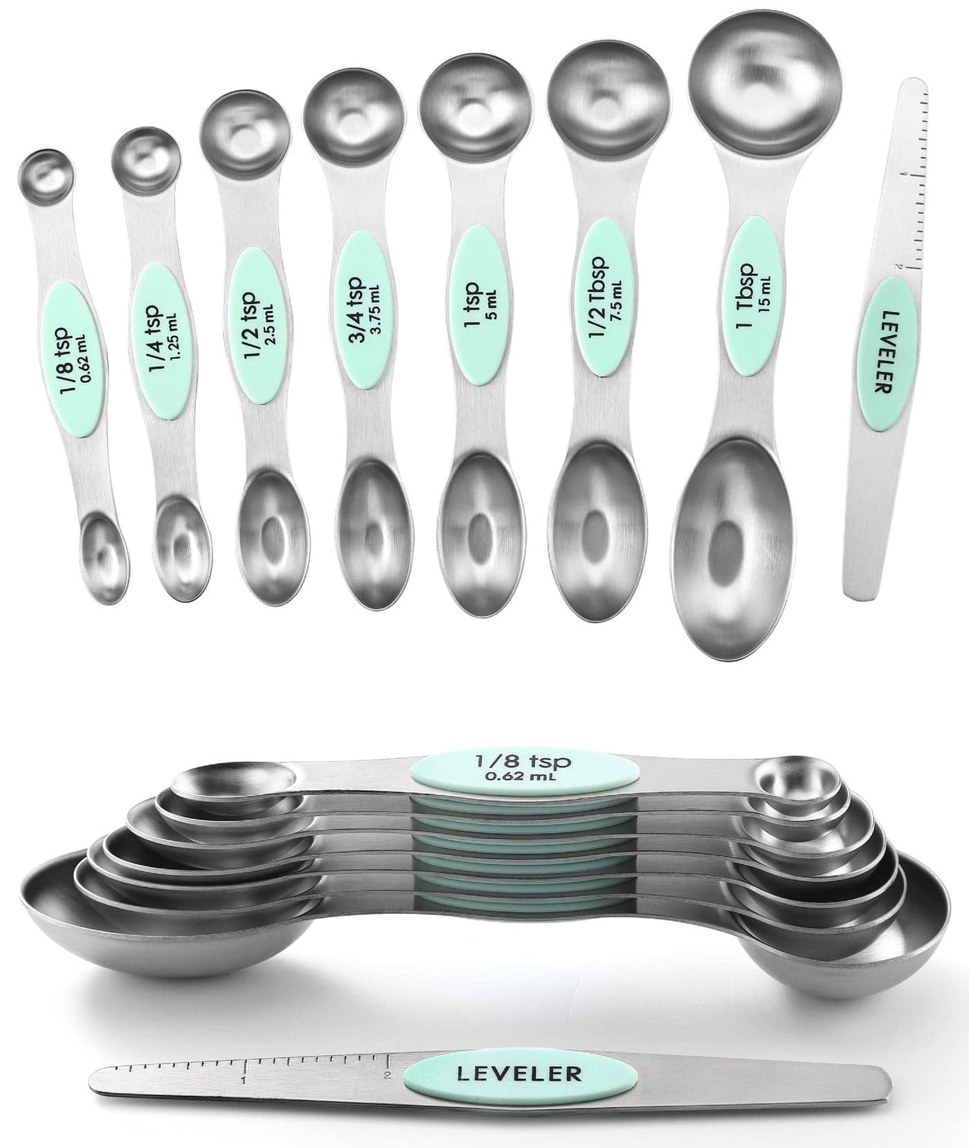 Spring Chef Stainless Steel Magnetic Measuring Spoons Set of 8 with Leveler Metal Teaspoon Tablespoon Measuring Spoons Fits in Spice Jars Kitchen Gadgets for Baking Cooking Set of 2 Mint