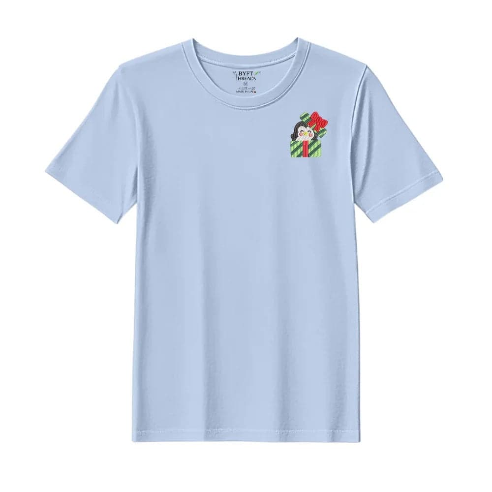 Threads XXL Sky Blue Polycotton T-Shirt - Christmas "Penguin Gift Box" Embroidered Design, Premium Holiday Collection