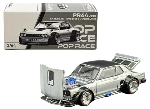 164 Diecast Model Car Compatible with Nissan Skyline GTR V8 Drift Hakosuka Silver Chrome Hong Kong Toy Car Salon 2025 Limited Edition by Pop Race PR640330