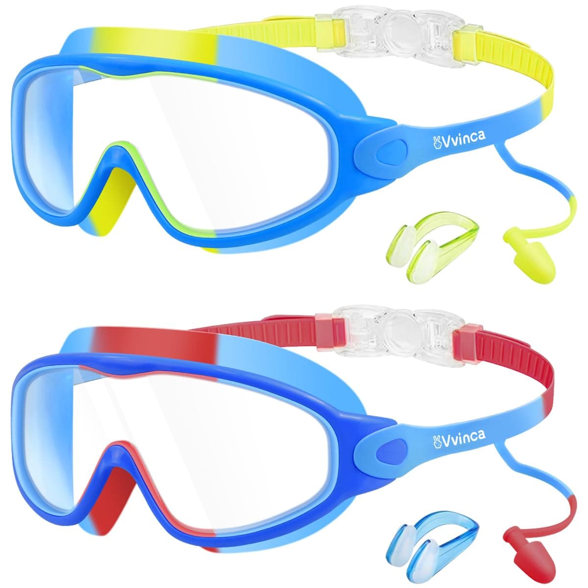 Vvinca Swim Goggles Kids Goggles with Earplugs Nose Clip Wide View AntiFogUV Swimming Goggles for Age 315 Boys Girls