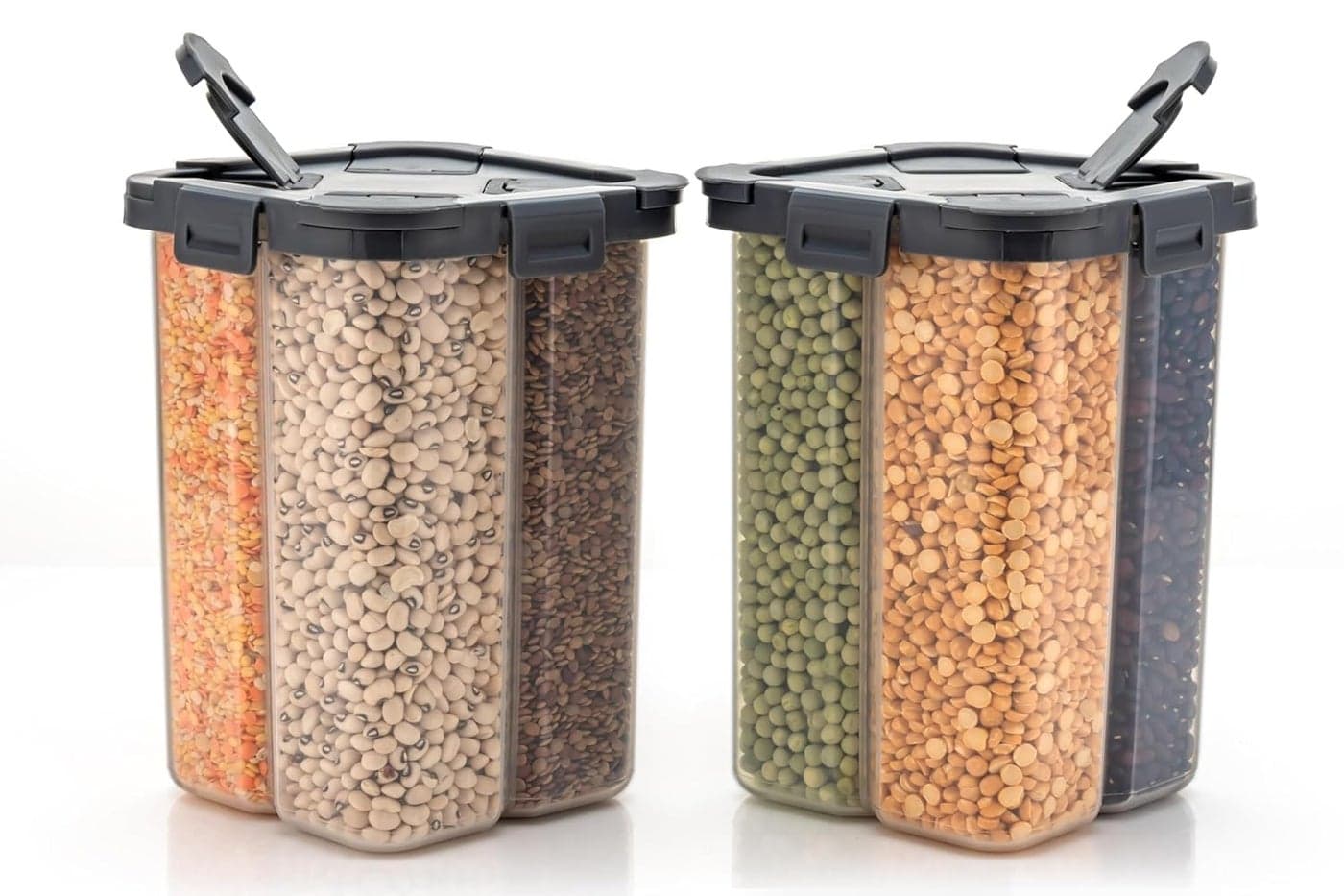 Entisia 4 Section Storage Container Set - Multi-Compartment Plastic Transparent Jar for Pulses, Grains, Dry Fruits & Cereals with Airtight Lids, BPA-Free Food Storage Boxes for Kitchen (2000ml,4 Pcs)