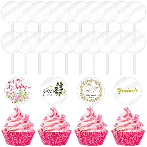 Chunful 30 Pack 2 Inch Circle Acrylic Custom Cupcake Topper DIY Clear Blank Cake Personalized Cupcake Topper with Sticks for Birthday Party Graduation Wedding Mothers Baby Shower Cake Decoration