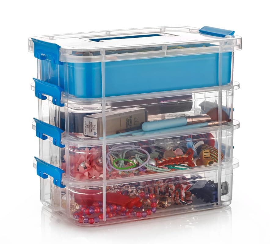 flymore 4 Layer Plastic Storage Containers with Lids, Multipurpose Clear Stack & Carry Box, Portable Craft Organizers, and Storage Bin for Organizing Arts & Crafts, Sewing, stationery box (Pack Of 4)