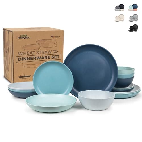 Grow Forward 16-piece Premium Wheat Straw Dinnerware Sets for 4 - Unbreakable Dishwasher & Microwave Safe Plastic Plates and Bowls Sets - Patio, Outdoors, RV, Camping Dishes - Seascape