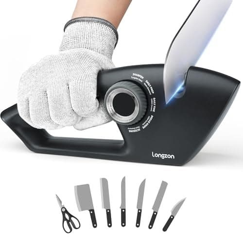 Longzon 6-in-1 Knife Sharpener 5 Stage with Cut-Resistant Glove, Manual Kitchen Tool for Straight & Serrated Knives, Quickly Sharpens Restores & Polishes Dull Blades Safe for Home Kitchen