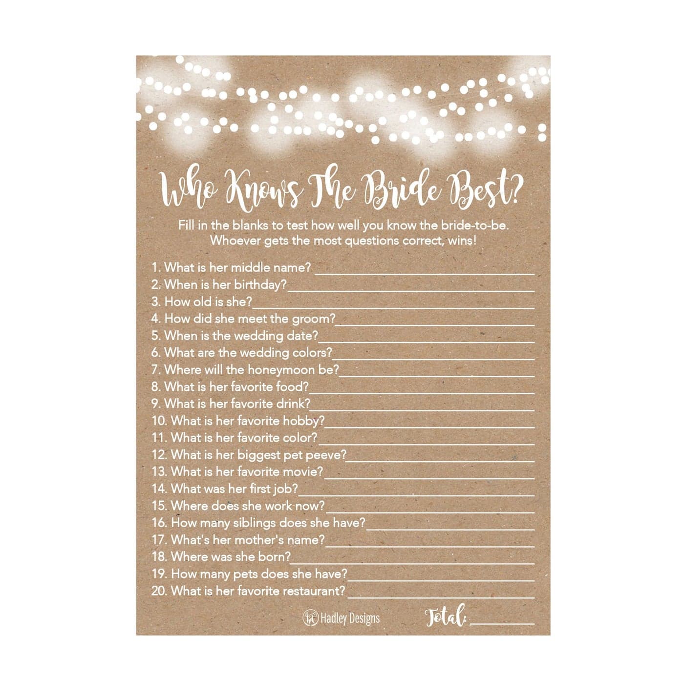 Hadley Designs Rustic Bridal Shower Games for 20 Guests Fun and Hilarious Bridal Games for Showers Wedding Shower Engagement Classy Party Activities