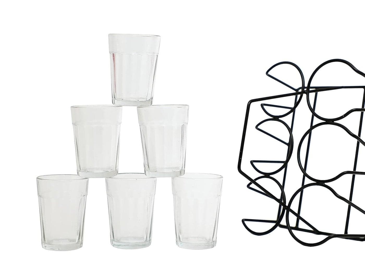 A Krazy Mug Transparent Traditional Cutting Chai Tea Glasses with Iron Stand Holder Set of 6 90ml