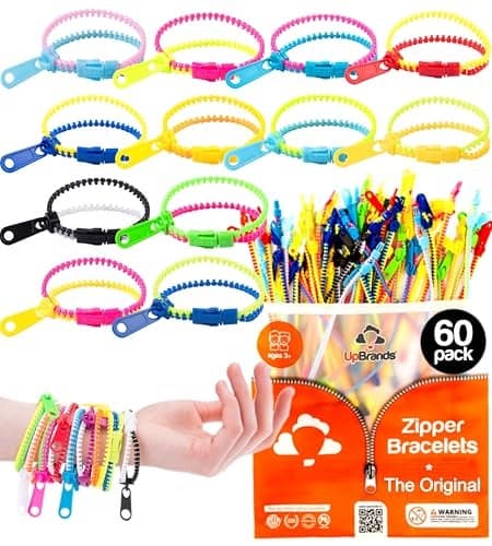 UpBrands 60 Party Favors for Kids Friendship Zipper Bracelets 7 12 Sensory Bulk Set Fidget Toys Kit for Valentines Birthday Goodie Bags Pinata Filler Easter Egg Hunt Toys Classroom Rewards