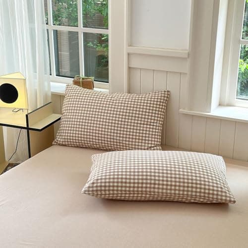 Tan Gingham Pillowcases Set Farmhouse Bedding King Size Pillow Shams Buffalo Taupe Plaid Pillowcases Set of 2, Grid Checkered Gingham Washed Cotton Pillow Covers with Envelope Closure, 20"×36"
