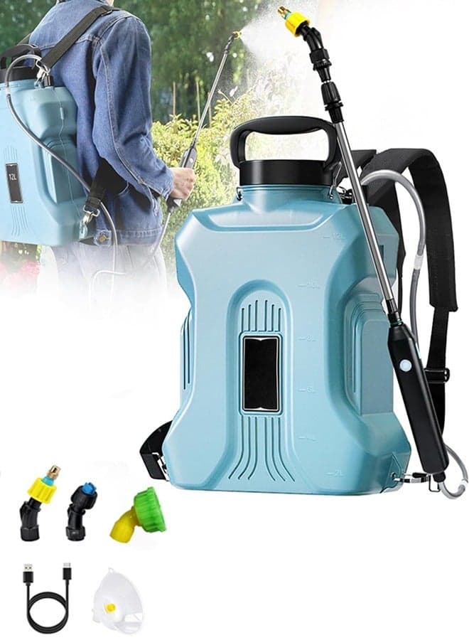 Battery Powered Backpack Sprayer, 12L Electric Sprayer with USB Rechargeable Handle, Telescopic Wand, 4 Mist Nozzles and Adjustable Shoulder Strap, Garden Sprayer for Lawn, Garden, Cleaning