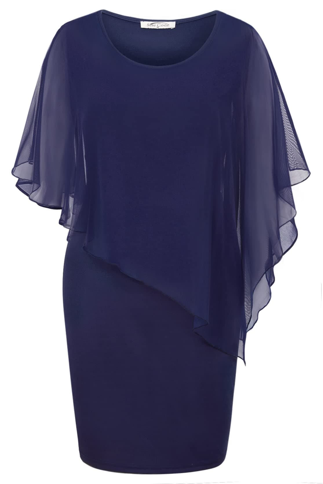 SeSe Code Dresses for Women 2025 Wedding Guest, Summer Mesh Cape Overlay Bodycon Knee Length Party Cocktail Formal Pencil Dress Royal Blue 2XL