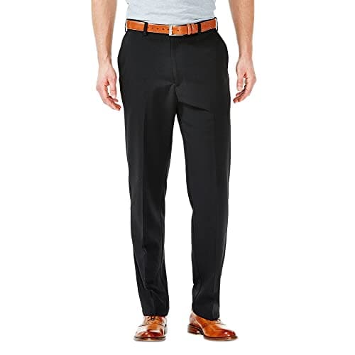 Haggar mens Cool 18 Stria Hidden Expandable Waistband Plain Front dress pants, Black, 42W x 32L US