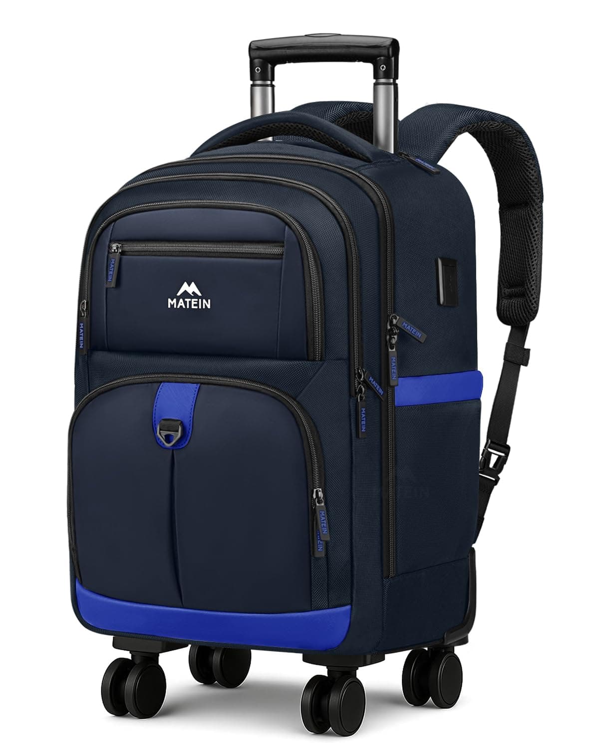 MATEIN Rolling Backpack 4 Wheels, 17 Inch Lightweight Rolling Backpack with USB Charging Port, Water Resistant Roller Laptop Bag Carryon Luggage, Wheeled Travel Daypack for Business Men, Dark Blue