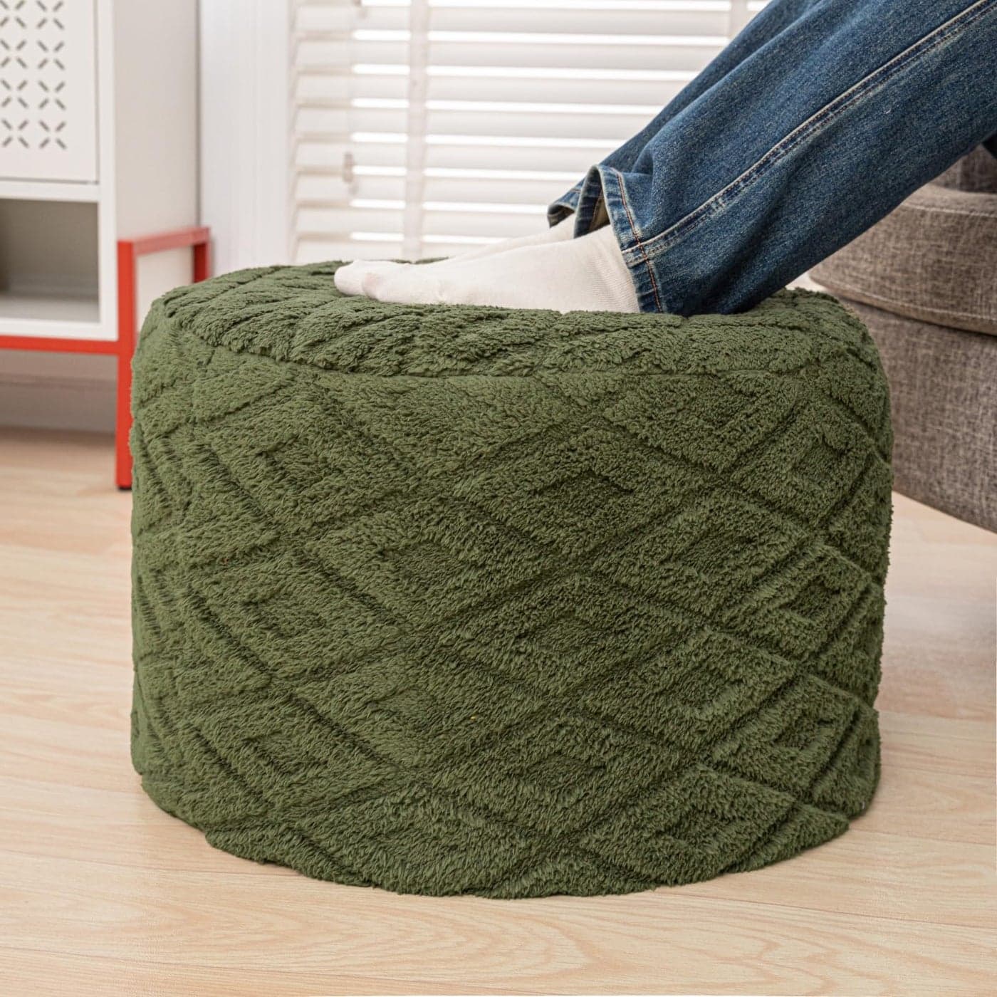 AbunHeri Fluffy Round Ottoman Pouf with AllinOne Foam Filling 20 x 14 Furry Ottoman Foot Rest Foot Stool for Living Room or Bedroom Green