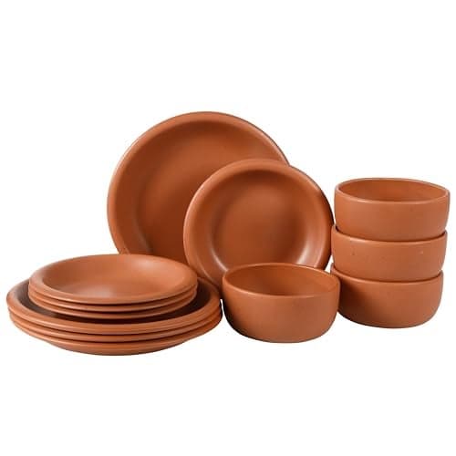 Bloomhouse Corsica Clay 12 Piece Stoneware Rustic Reactive Glaze Dinnerware Set - Stackable Plates and Bowls Set. Service for 4 - Matte Burnt Apricot Terracotta