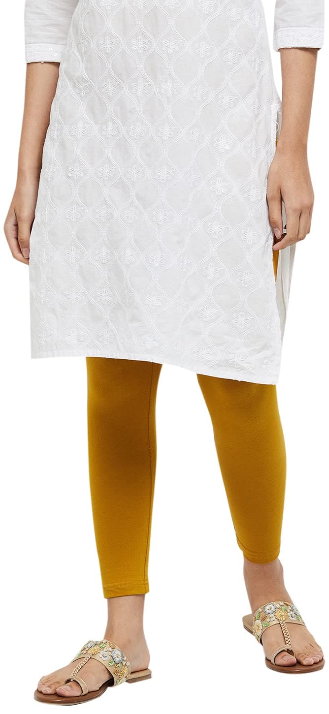 Max Women Solid Elasticated Regular Fit Mid Rise Leggings (Noosal21Mg_Mustard Gold_Large)