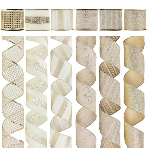 HUIHUANG Champagne Gold Christmas Ribbon Wired Champagne Glitter Christmas Tree Ribbons for Xmas Tree Wreaths Garlands Home Decor Wrapping 25 x 6 Rolls 36 Yds Total