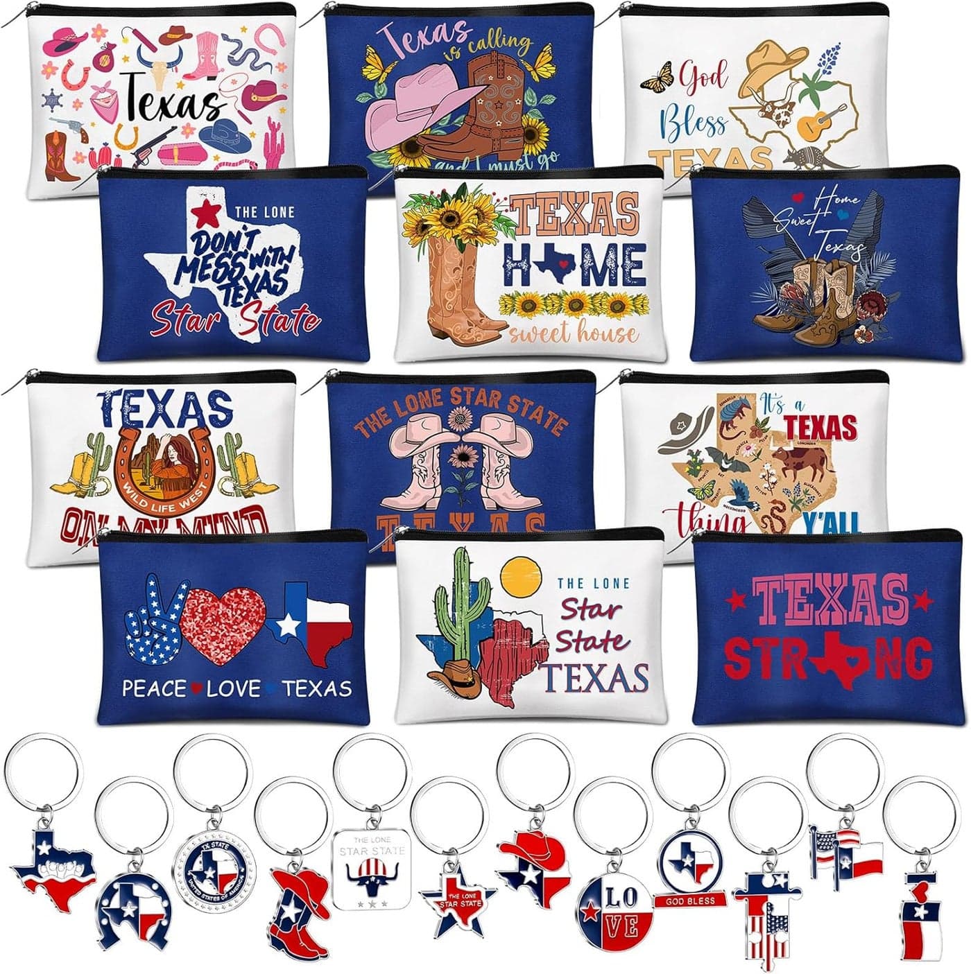 Reginary Texas Gifts: 24 Pcs Metal Keychain & Cosmetic Bag Souvenirs for Women Travelers