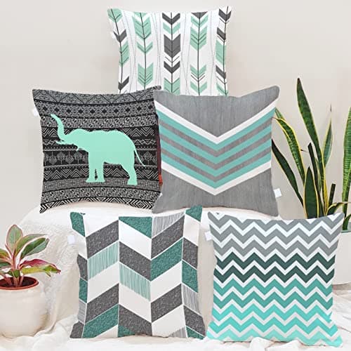 BRICK HOME Set of 5 Jute Printed Cushion Covers 18x18 Inch | Geometric Chevron & Elephant Tribal Design | Mint Green, Grey, Black & White | Soft Decorative Pillow Covers for Sofa, Couch & Living Room