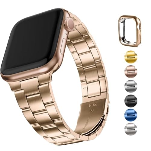 Fullmosa No Tools Needed Compatible with Apple Watch Bands for Women Men 45mm 44mm 42mm, Metal Strap with Case for iWatch Series 9 8 7 6 5 4 3 2 1 SE3/2/1, Rose gold