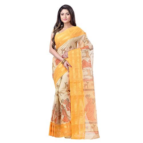 dB DESH BIDESH Women's Handloom Cotton Sarees Tant Cotton Sarees Shakuntala Design Cotton Printed Sarees For Women Without Blouse Piece (Yellow & Off-White)