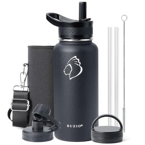 BUZIO 32 oz Water Bottle Insulated with Straw & 3 lid and Carrying Pouch, Leak Proof Anti-Slip Stainless Steel Water Flask Jug, Cold for 48 Hrs Double Vacuum Thermo Canteen, BPA-Free, Caribbean Blue