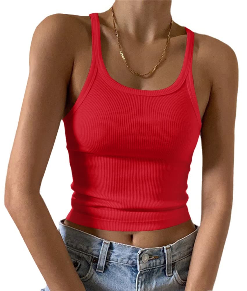 Artfish Women's Sleeveless Tank Top Form Fitting Scoop Neck Ribbed Knit Basic Cami Tight Fitted Bright Red, S