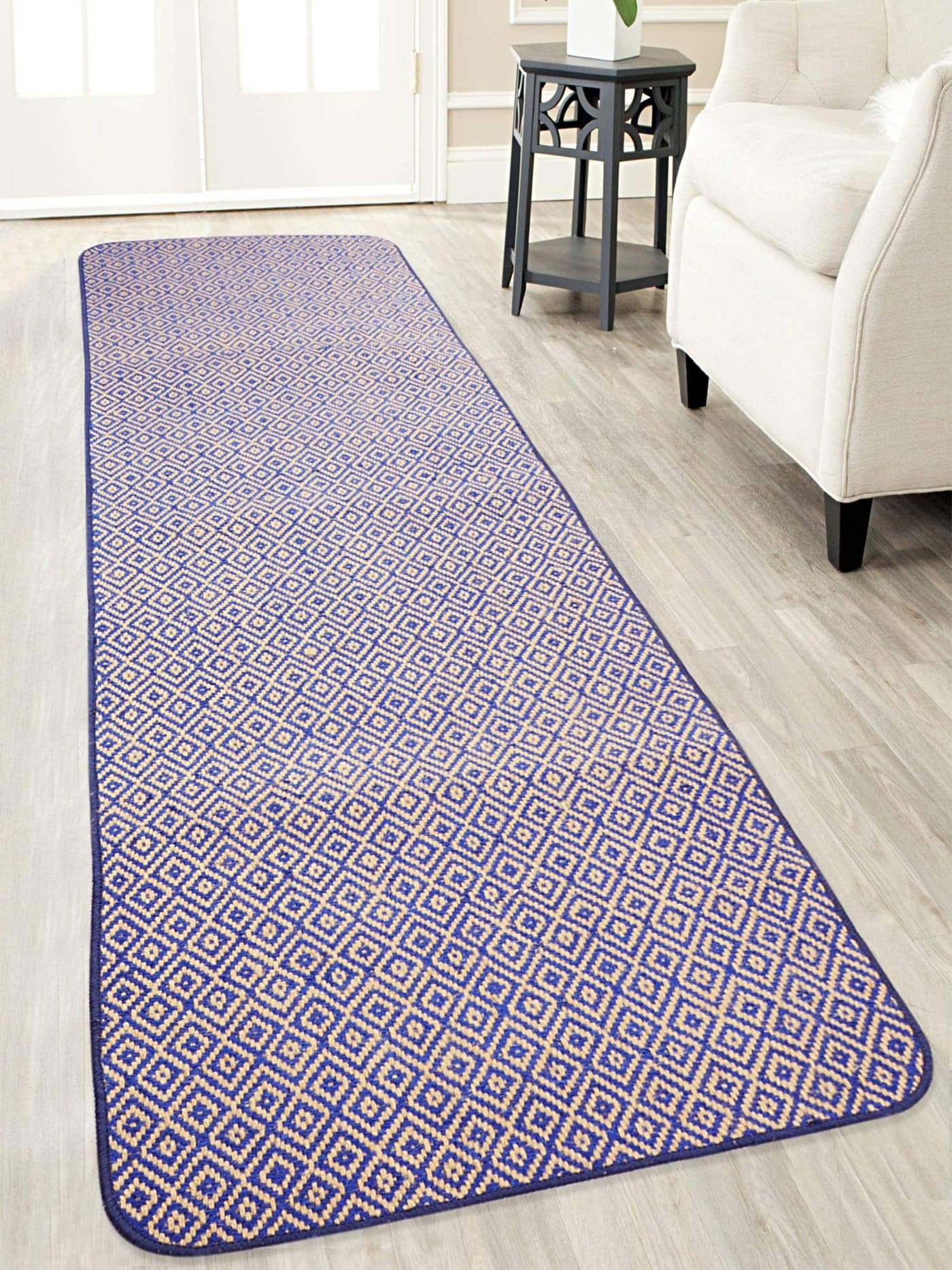 Saral Home Mini Diamond Soft Jute Cotton Durable & Washable Multipurpose Bedside Runner for Home/Kitchen/Living Area/Lobby/Office Entrance with Anti Skid Backing (Blue, 65 Cm X 200 Cm)
