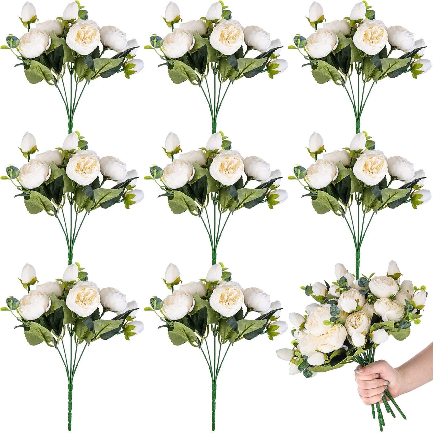 Yunsailing 8 Pack Artificial Peony Flowers Faux Silk Hydrangea Bouquet Wedding Home Table Decor Reusable Bouquet of Rose Flower for Birthday WeddingWhite