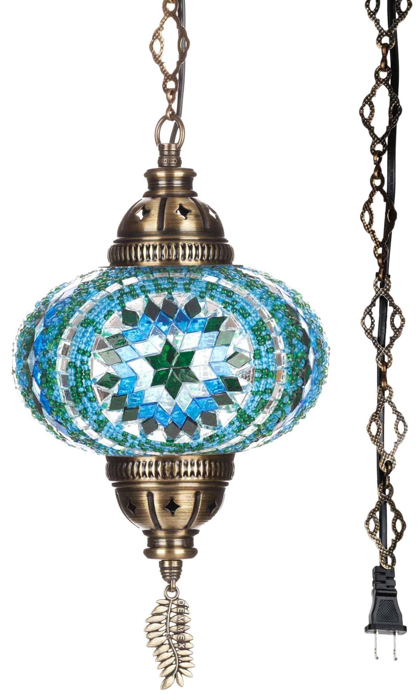 DEMMEX Plug-in Turkish Moroccan Mosaic Hanging Pendant Ceiling Light – Swag Lamp Fixture with 15ft Cord & Chain, Handcrafted Glass, Tiffany Style, Mediterranean Decor (Turquoise)