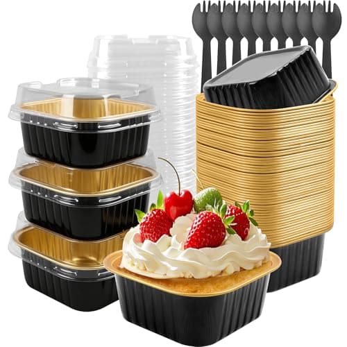 Tikxlafe 50 Pack 5oz Square Mini Cake Pans with Lids and SpoonsAluminum Foil Baking CupsDisposable Mini Loaf Pans Ramekins for Brownie Cheesecake Mousse Wedding Party FavorsBlack