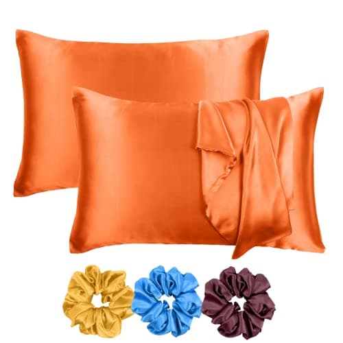 Riara Satin Silk Pillowcase Pillow Case Covers with Envelop Closure for Hair and Skin Home Bed Decor Set of 2 Pillowcase Free 3 Pc Scrunchie (Standard Size(20" 26"), Orange Peel)