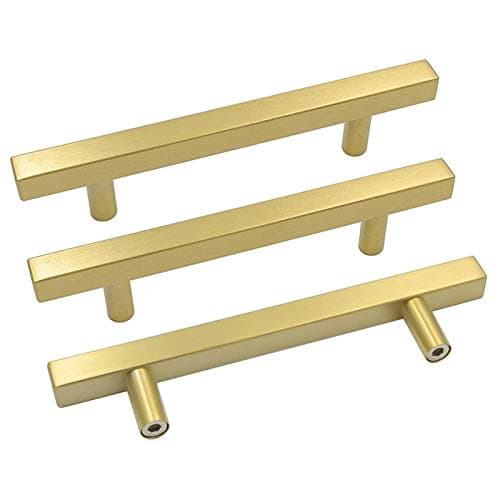 goldenwarm 5in Kitchen Cabinet Handles Gold Furniture Door Hardware 20Pack - LS1212GD128 Suqare T Bar Drawer Pulls Brushed Brass Bedroom Closet Pulls Cupboard Door Handles